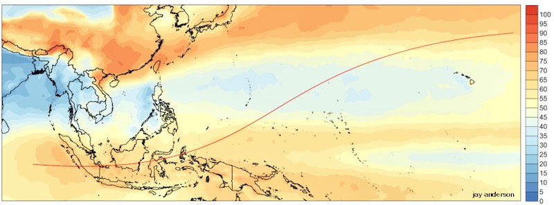 Tingkat cakupan awan di bulan Maret di Indonesia dan jalur gerhana. Courtesy: Jay Anderson