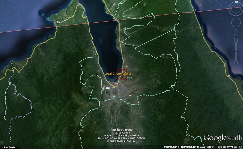 Jalur GMT 2016 yang melintasi Palu. Kredit: Xavier Jubier / Google Earth Pro