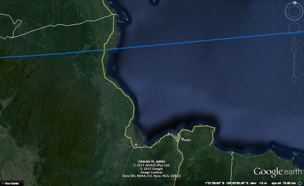 Jalur GMT 2016 untuk area Poso. Kredit: Xavier Jubier / Google Earth Pro
