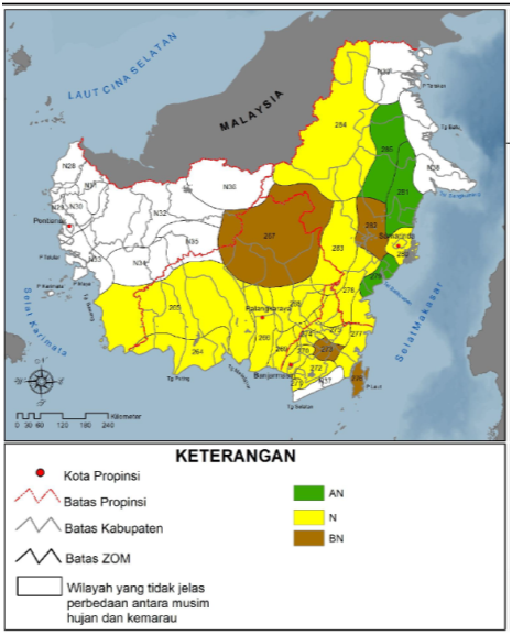  Gambar 1. Curah Hujan Klimatologis (1980-2010) di Kalimantan, AN (Atas Normal), N (Normal), BN (Bawah Normal) (Buku Prakiraan Musim Hujan 2014/2015 BMKG, www.bmkg.go.id). 
