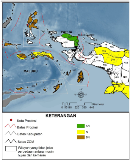  Gambar 5. Curah Hujan Klimatologis (1980-2010) di Ternate, AN (Atas Normal), N (Normal), BN (Bawah Normal) (Buku Prakiraan Musim Hujan 2014/2015 BMKG, www.bmkg.go.id). 